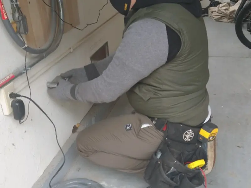 Electrician performing outlet wiring in a Lansing garage